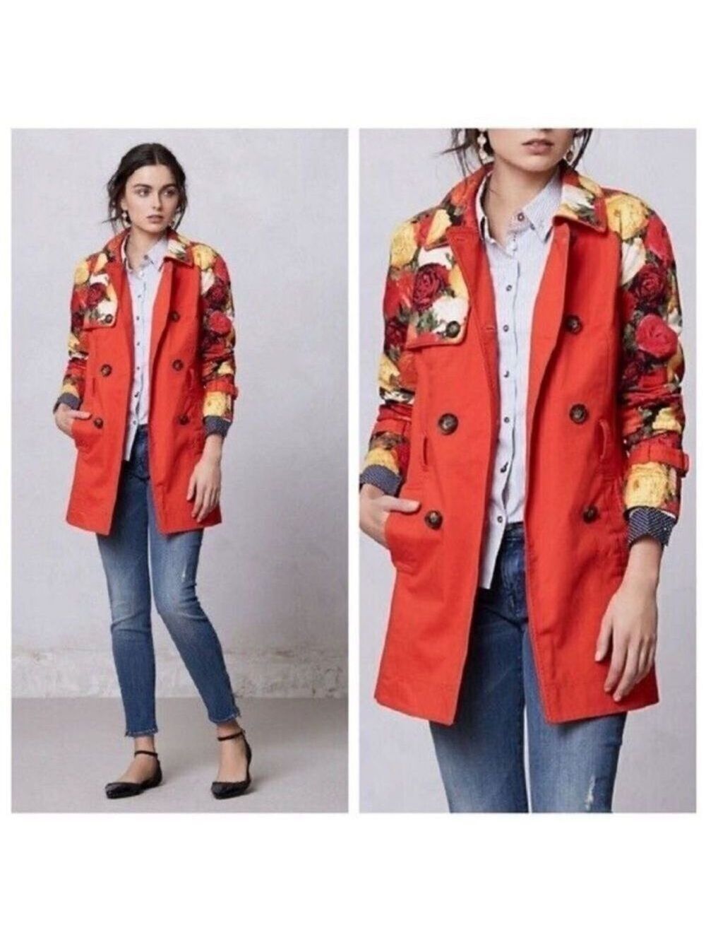 Anthropology Elevenses Floral Modern Trench Coat